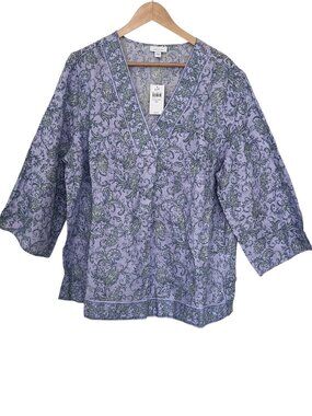 J.Jill Love Linen Paisley 100% Linen V-Neck Tunic Top Lavender Boho Coastal 2X